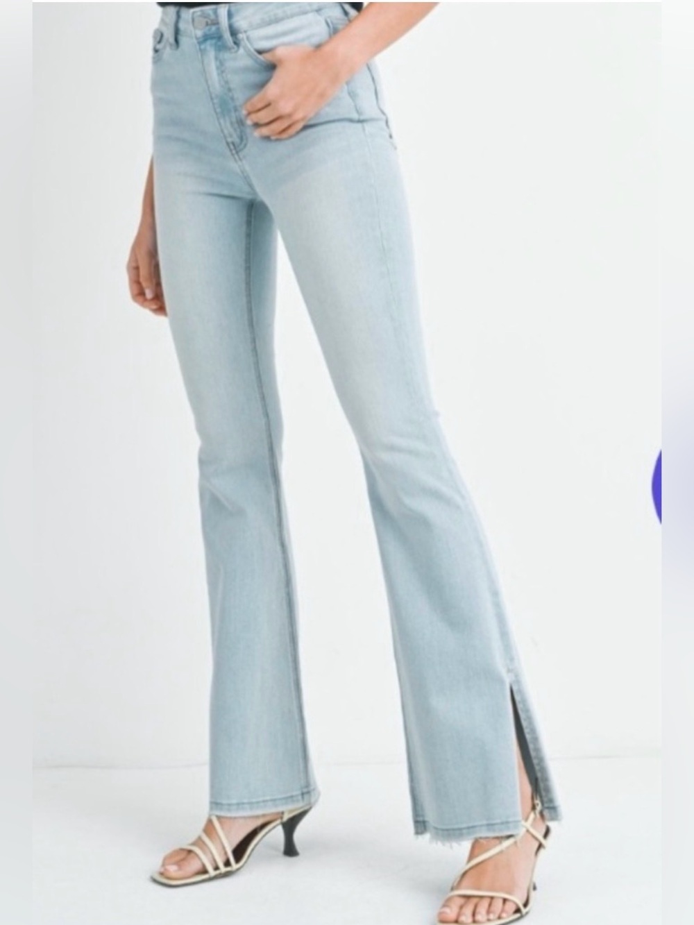 Light Blue High-Rise Flare Jeans with Hem Slits